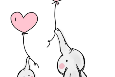 tekening van olifant moeder en jaar jong, allebei een hartvormige ballon aan een touwtje in de lucht